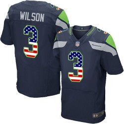 Elite Men's Russell Wilson Navy Blue Home Jersey - #3 Football Seattle Seahawks USA Flag Fashion