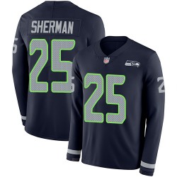 Limited Men's Richard Sherman Navy Blue Jersey - #25 Football Seattle Seahawks Therma Long Sleeve
