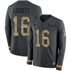 Limited Men's Tyler Lockett Black Jersey - #16 Football Seattle Seahawks Salute to Service Therma Long Sleeve
