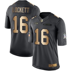 Limited Men's Tyler Lockett Black/Gold Jersey - #16 Football Seattle Seahawks Salute to Service