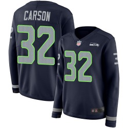 Limited Women's Chris Carson Navy Blue Jersey - #32 Football Seattle Seahawks Therma Long Sleeve