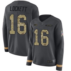 Limited Women's Tyler Lockett Black Jersey - #16 Football Seattle Seahawks Salute to Service Therma Long Sleeve