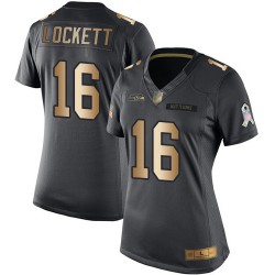 Limited Women's Tyler Lockett Black/Gold Jersey - #16 Football Seattle Seahawks Salute to Service