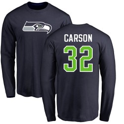 Chris Carson Navy Blue Name & Number Logo - #32 Football Seattle Seahawks Long Sleeve T-Shirt