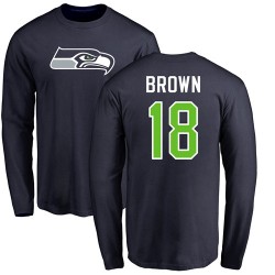 Jaron Brown Navy Blue Name & Number Logo - #18 Football Seattle Seahawks Long Sleeve T-Shirt