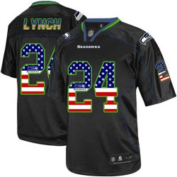 Elite Men's Marshawn Lynch Black Jersey - #24 Football Seattle Seahawks USA Flag Fashion